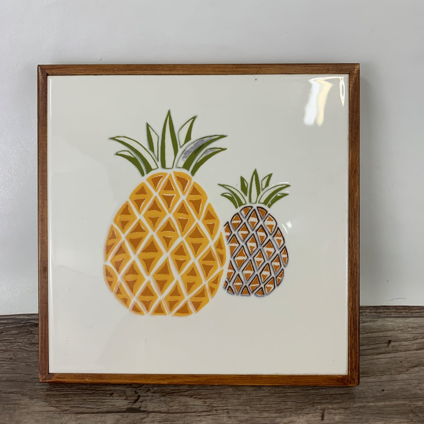 Vintage Ceramic Tile Trivet with Pineapples, Wood Frame Hot Plate