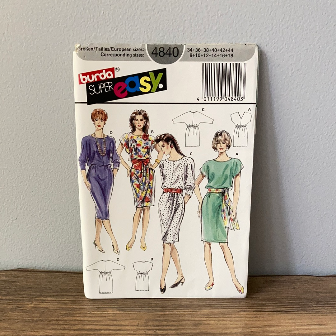 Ladies Knee Length Dress Short or Long Sleeve Sewing Pattern Size 8 to 18 Burda 4840