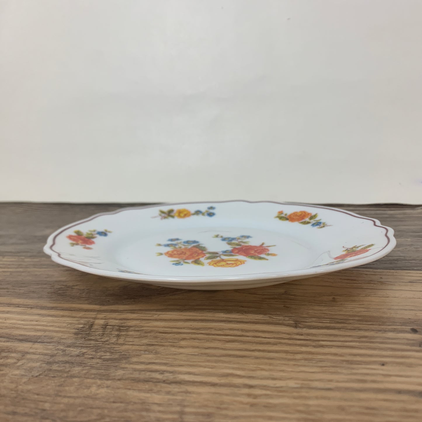 Acropal France 7.5" Salad Plate Milk Glass Plate with Orange and Blue Floral Pattern