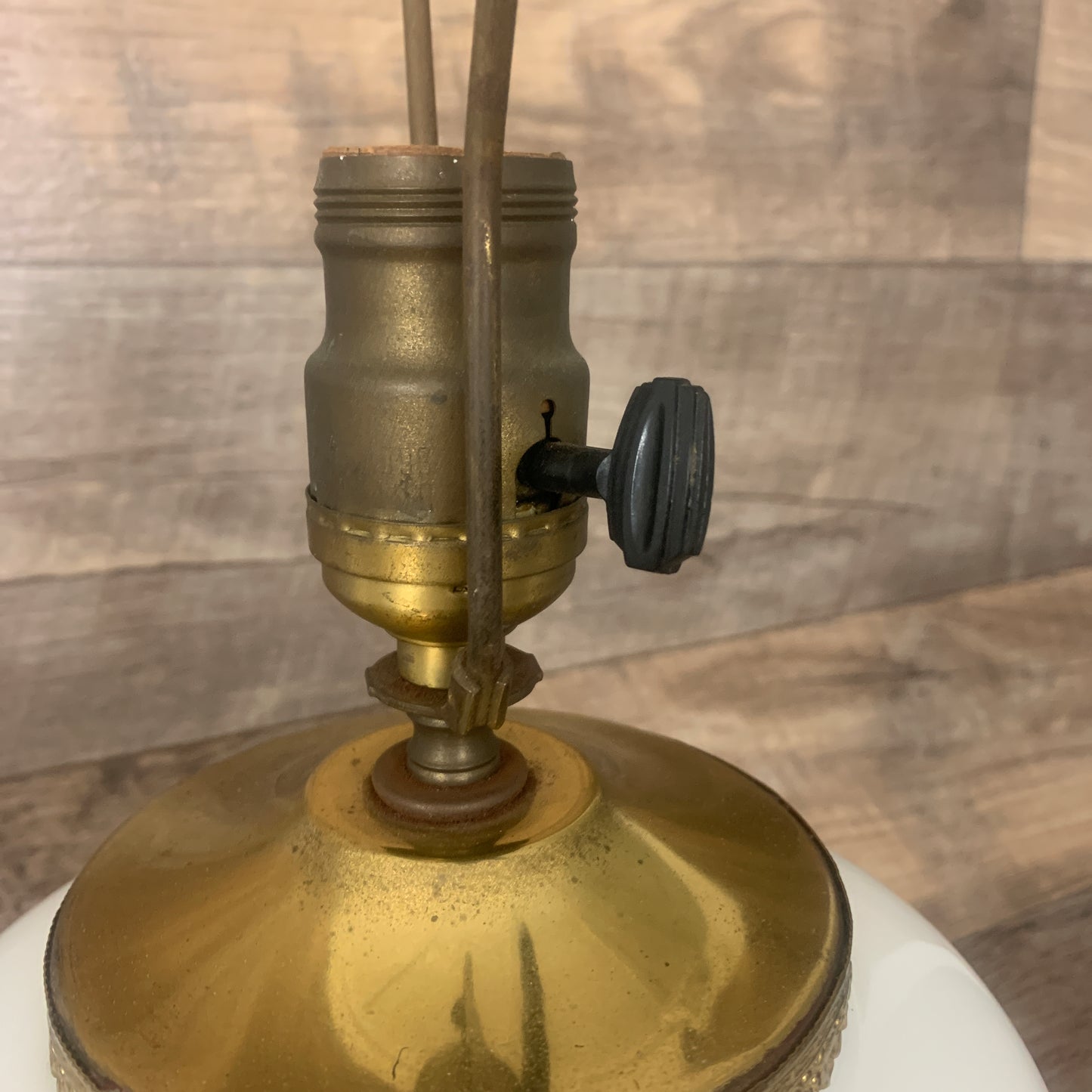Mid Century Milk Glass Lamp, Retro Brass and White Table Lamp, Bulbous Shape