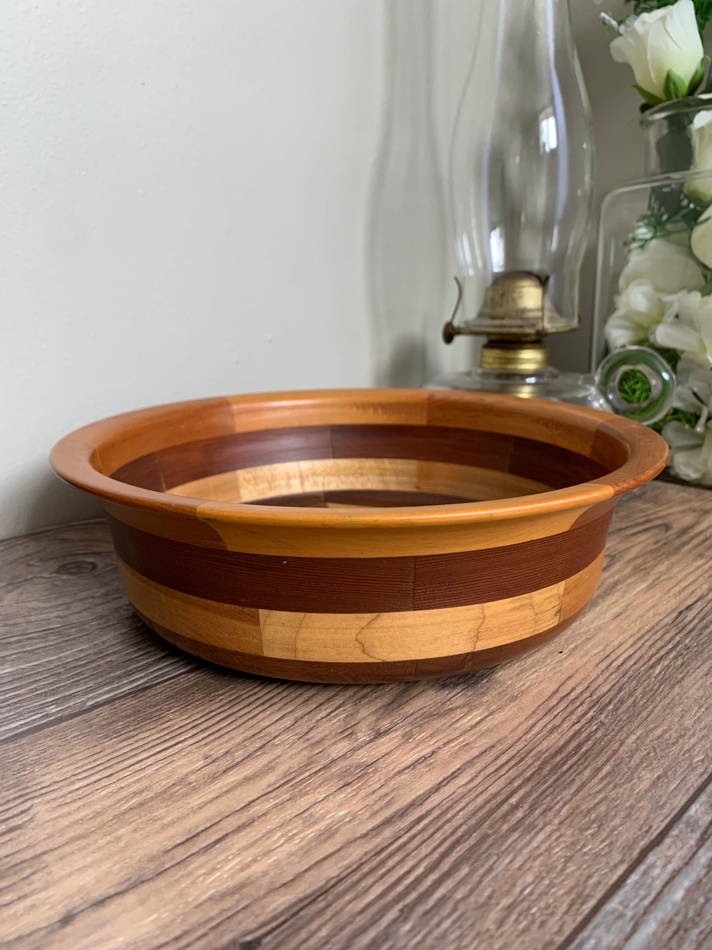 Vintage Wood Turned Bowl Multi Coloured Wood Hand Made Geometric Pattern Vintage Home Decor