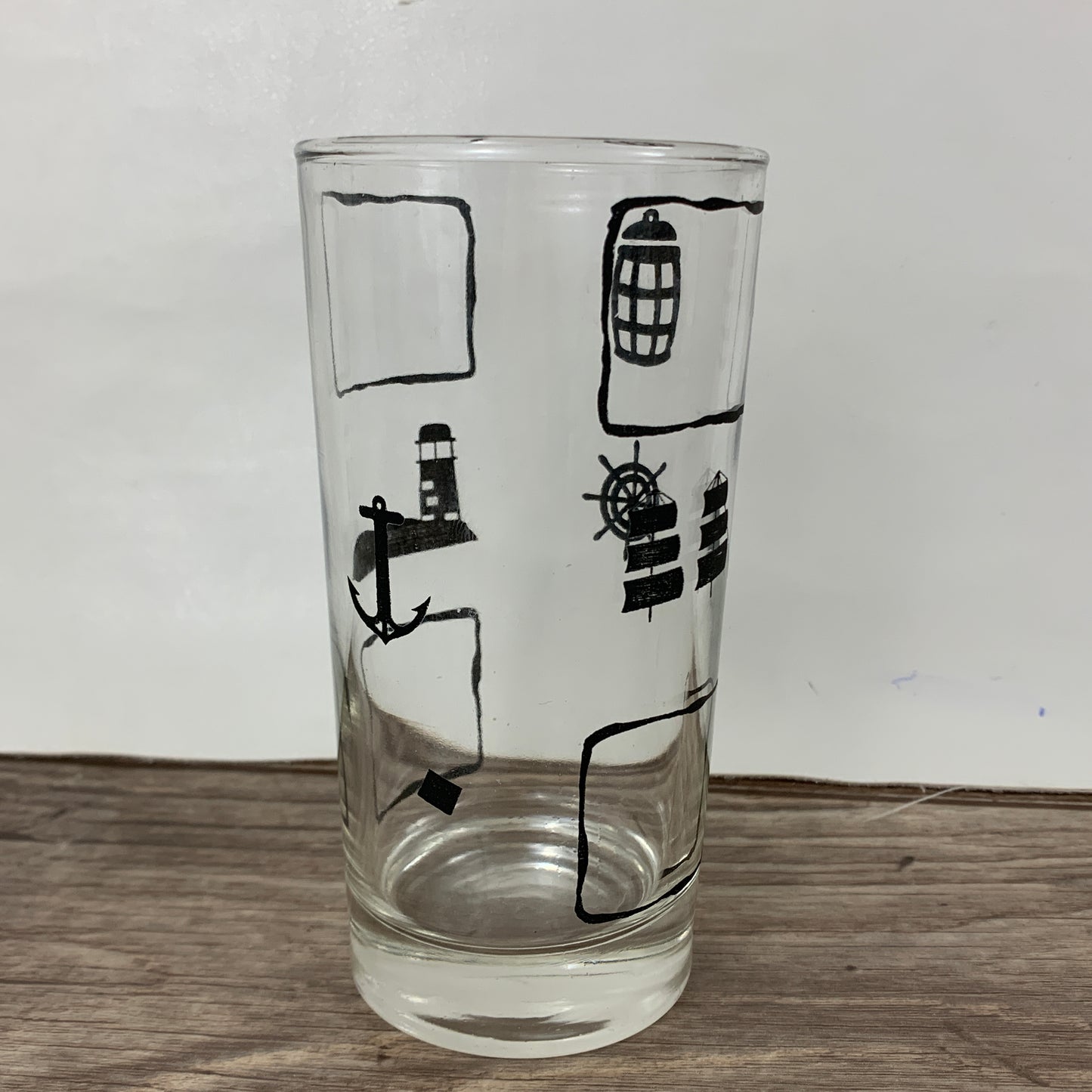 Vintage Juice Glasses with Black Nautical Design, Beach House Glasses