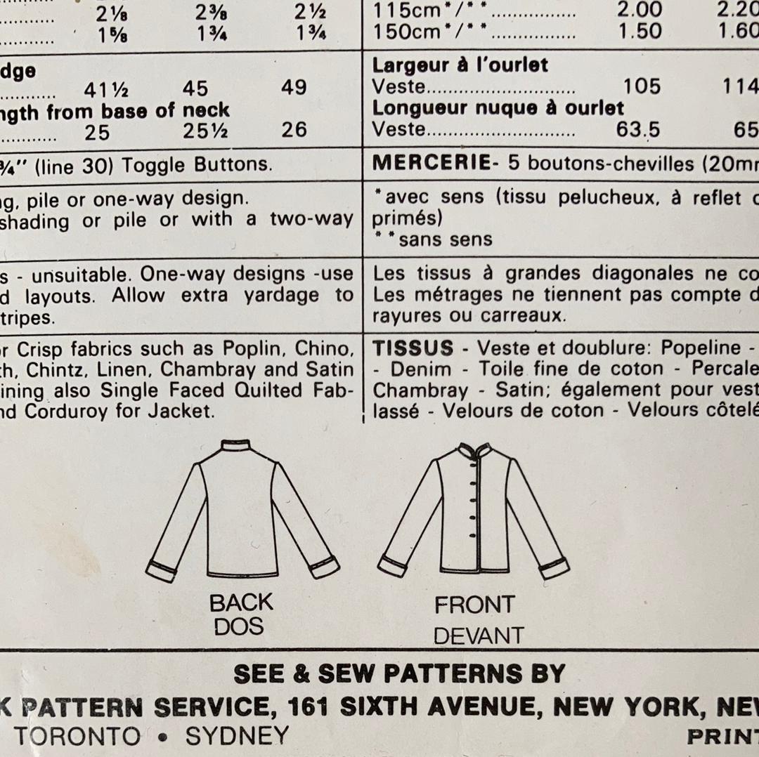 Ladies Lined Jacket Sewing Pattern Size M Butterick See and Sew 3539