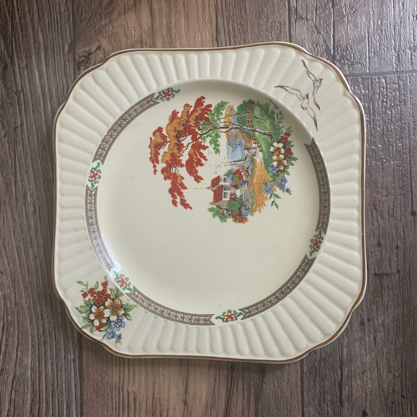 Booths China Plate with Garden Scene, Antique China Plate Vintage Farmhouse Decor