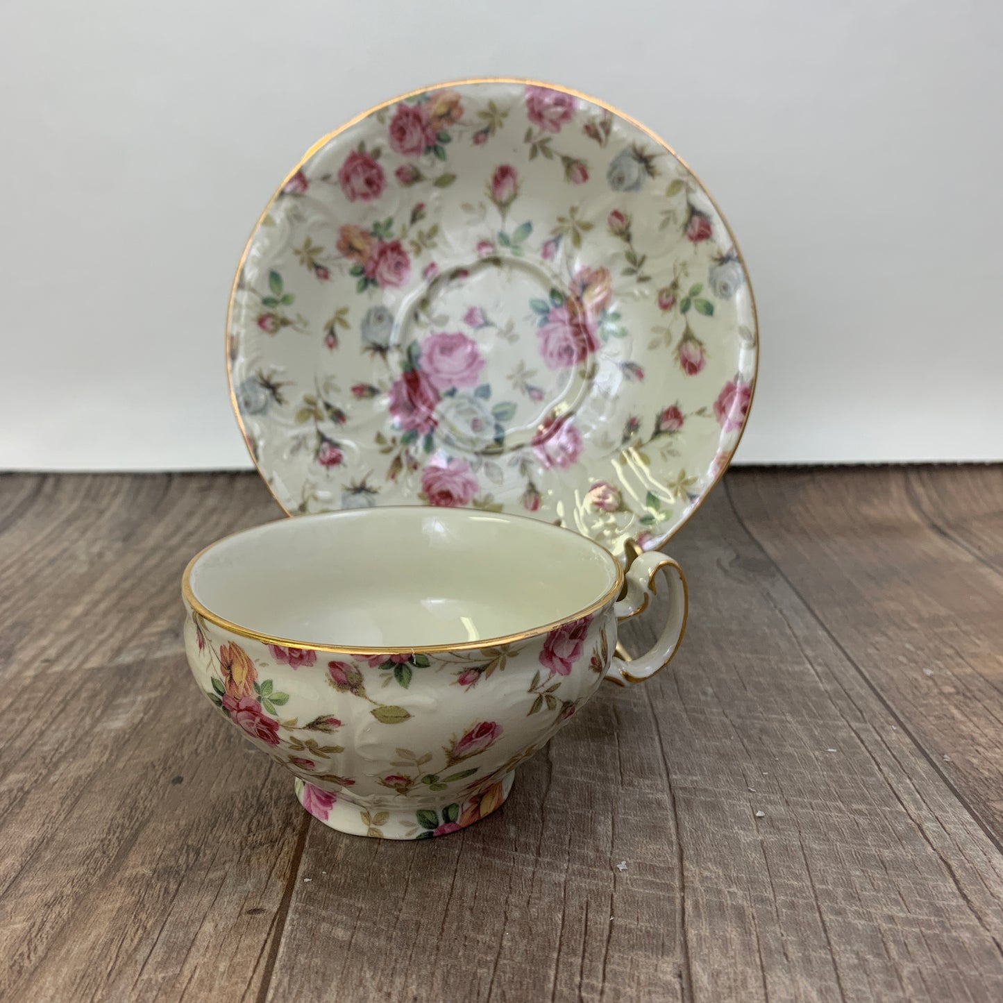Victorian Trading Co Wide Mouth Teacup and Saucer Rose Chintz Pattern