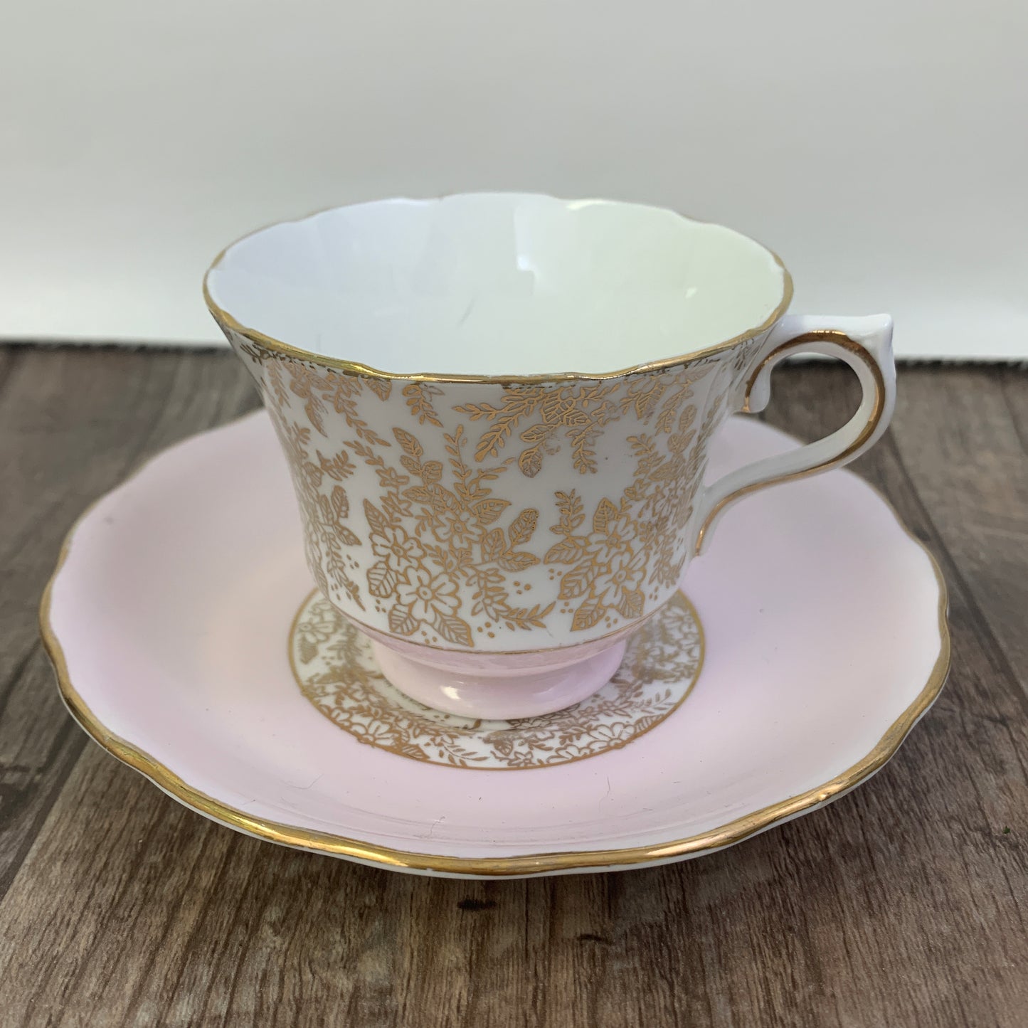 Pink and White Vintage Teacup with Gold Design, Royal Vale English Tea Cup