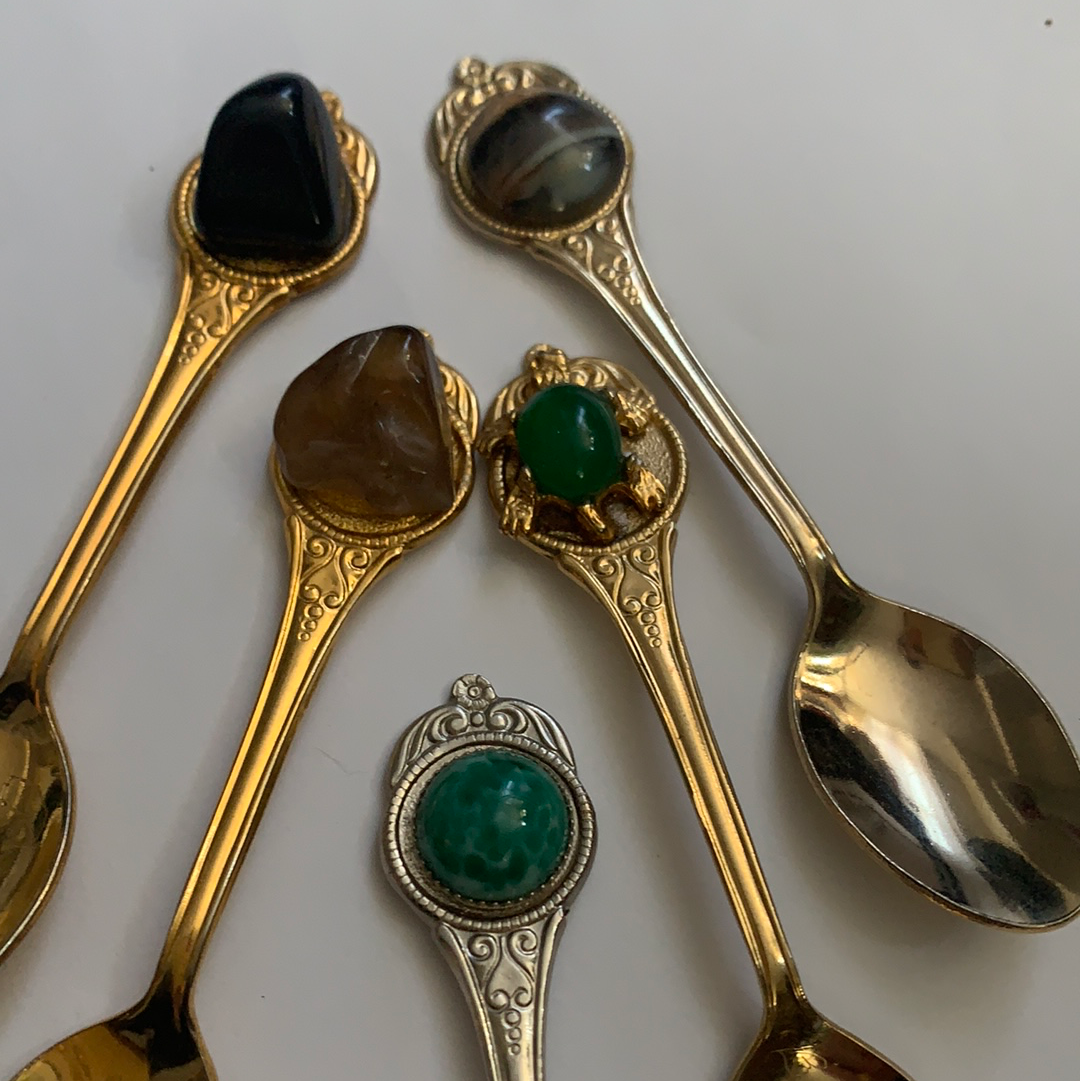Set of 5 Spoons Mini Spoons w Gemstone Vintage Collector Spoons