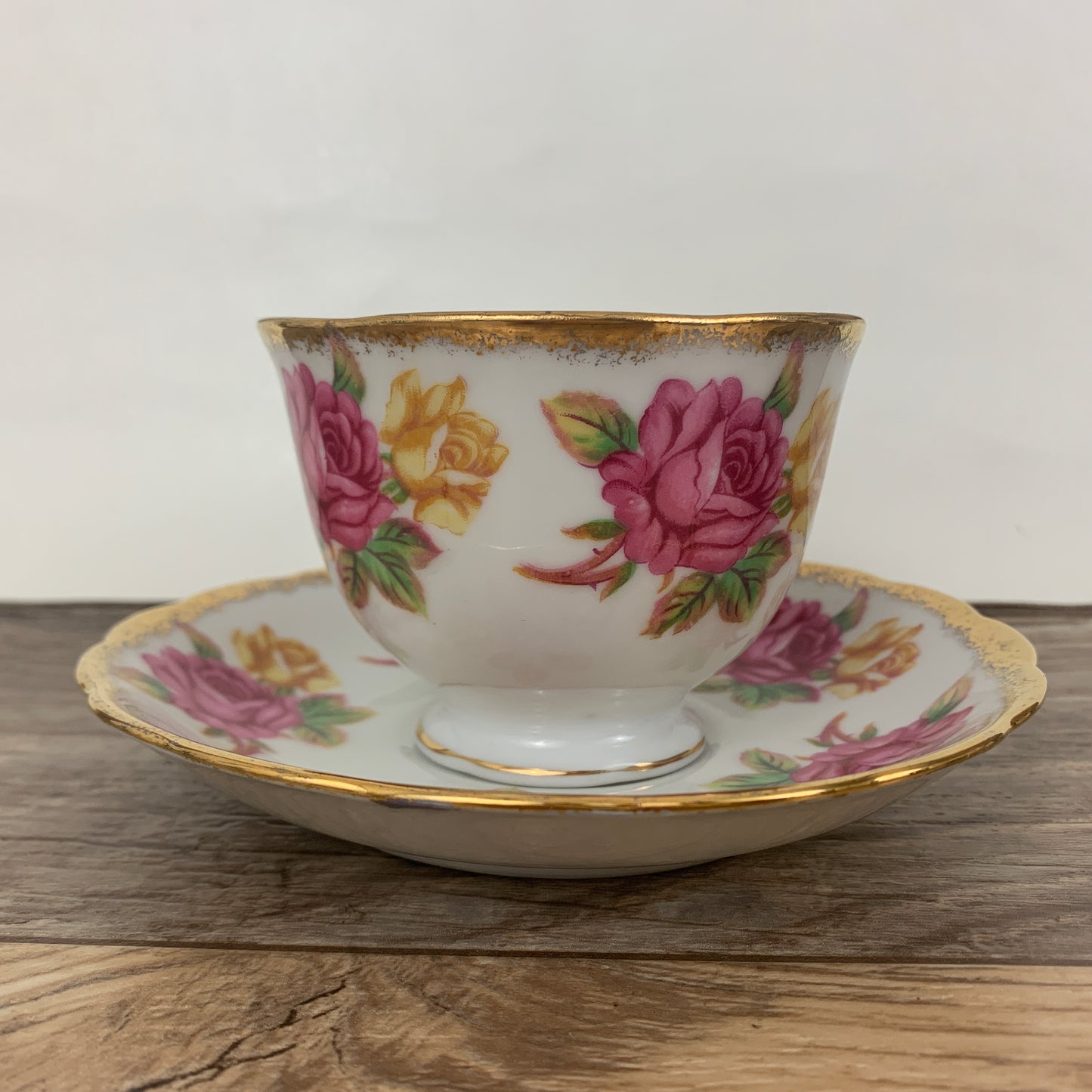 Vintage Teacup and Saucer w/ Pink and Yellow Roses and Gold Trim Made in Japan