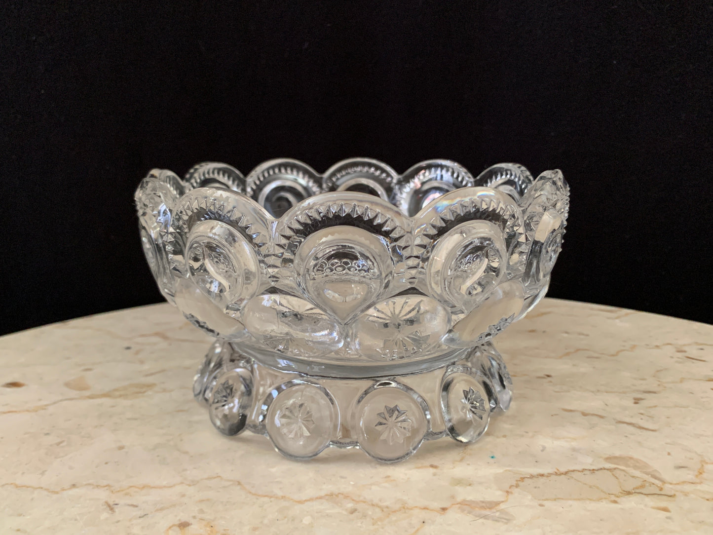 L E Smith Moon and Stars Clear Footed Bowl