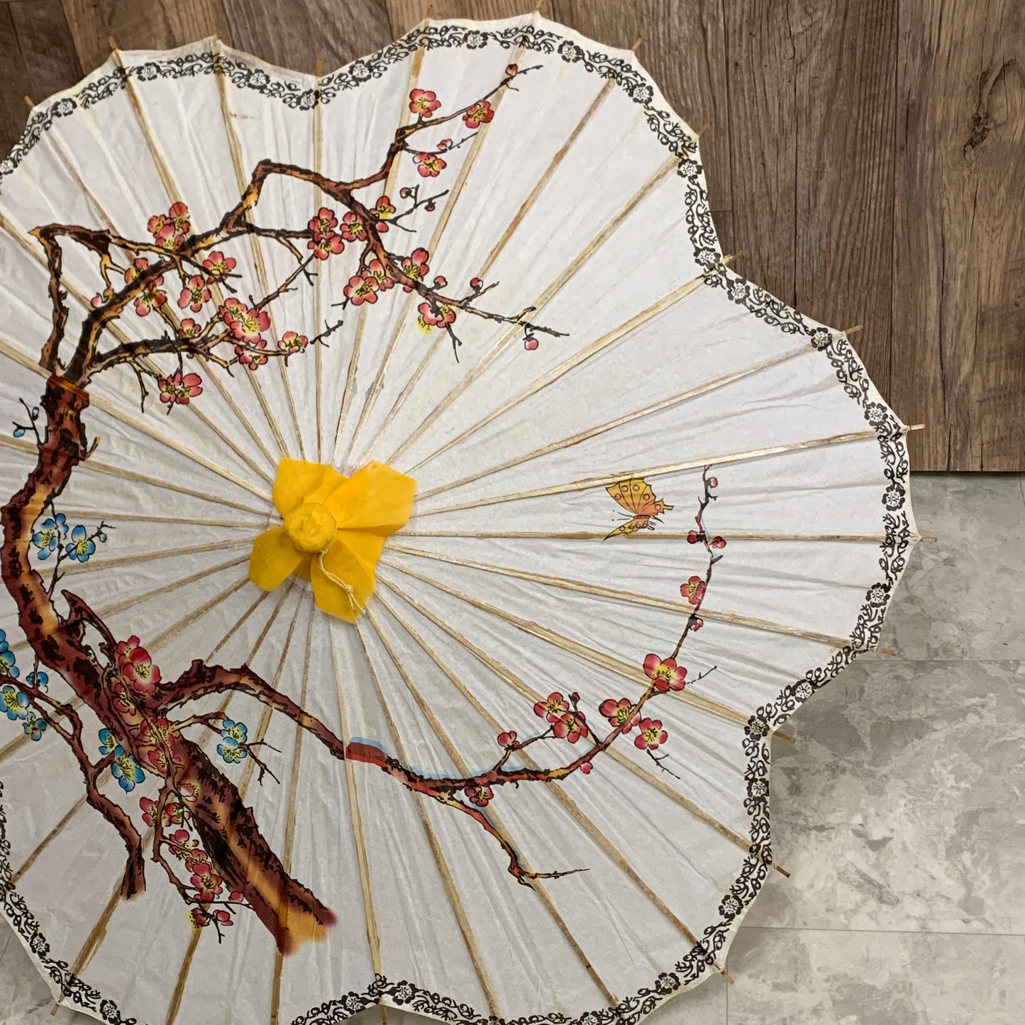 Vintage Rice Paper Parasol with Cherry Blossom Design and Scalloped Edge