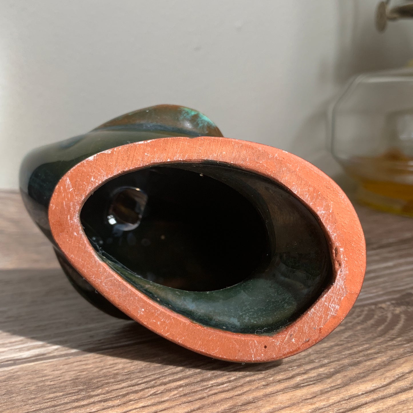 Pottery Duck Figurine with Green Drip Glaze