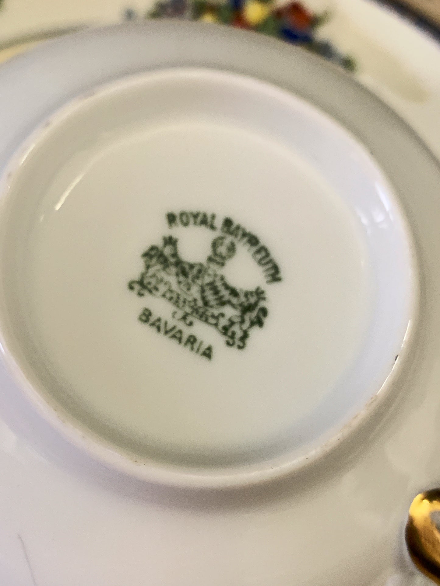 A set of 7 Vintage China Tea Cups Royal Bayruth White with Yellow, Blue, and Gold