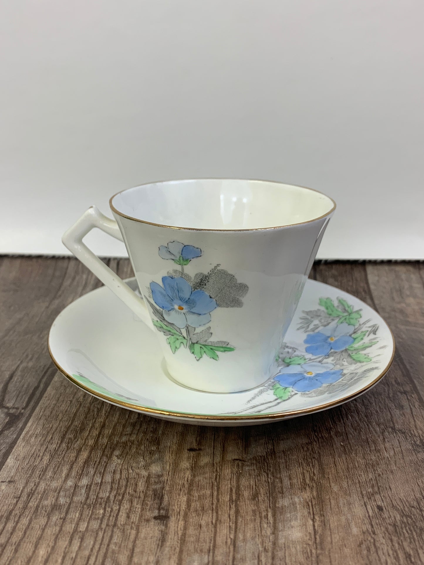 Vintage Teacup with Hand Painted Blue Green and Grey Garden Scene Royal York Fine Bone China