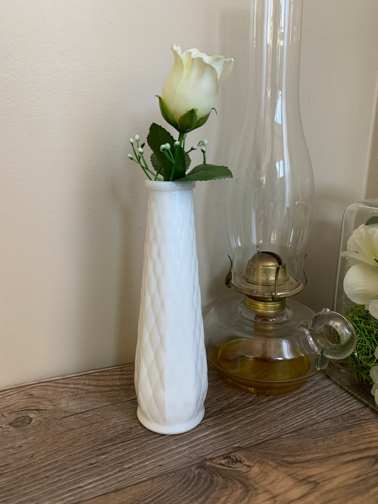 White Milk Glass Vintage Vase with Diamond Waffle Pattern Vintage Farmhouse Decor Housewarming Gifts