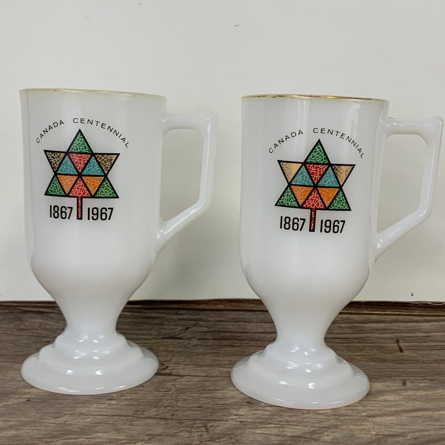 Canada Centennial Milk Glass Collectible Specialty Coffee Mugs 1867 - 1967 Set of 2