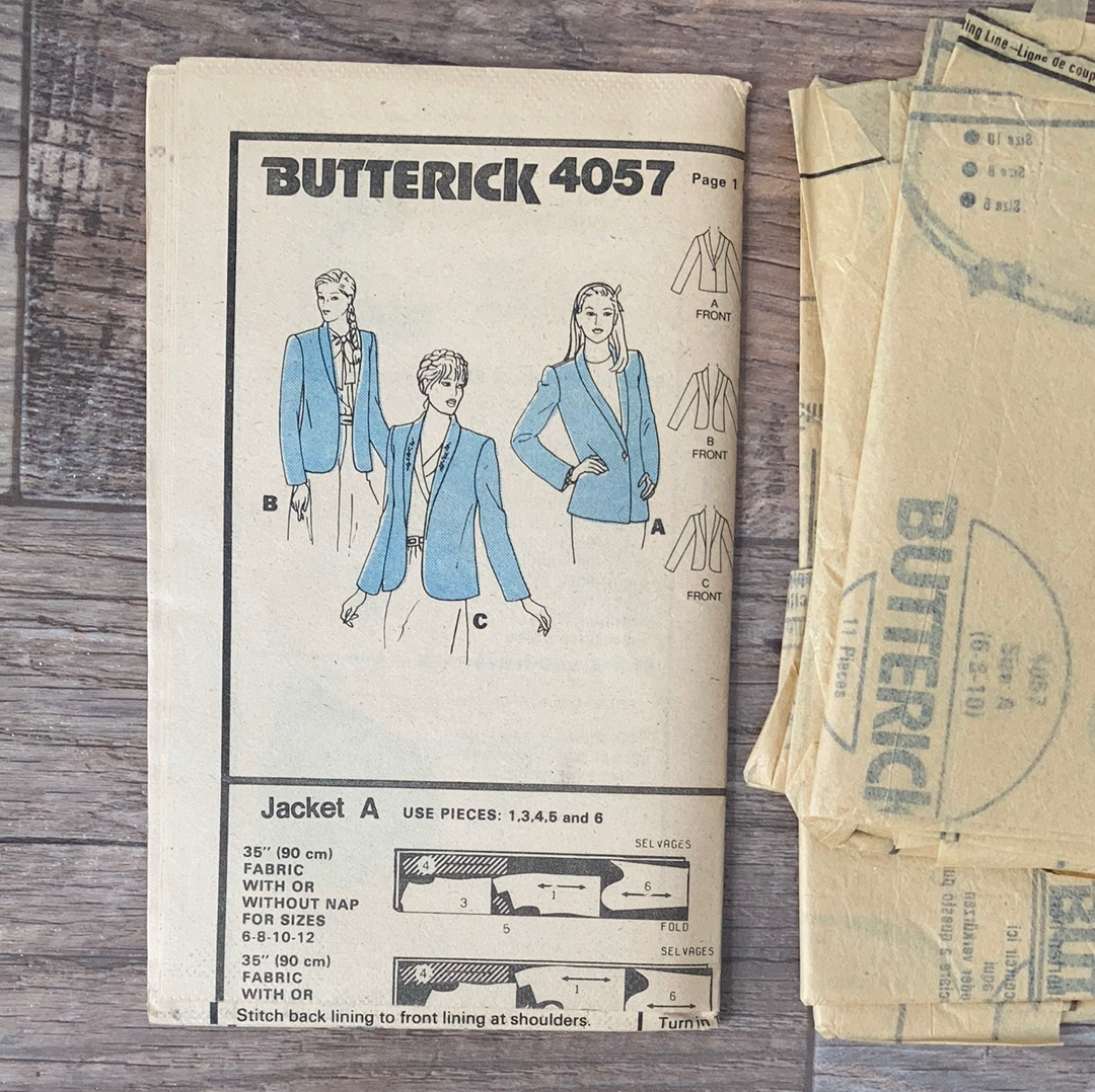Ladies Jacket Vintage Sewing Pattern Size 6 to 10 Butterick 4057 Loose Fitting 1 Button Jacket with Shoulder Pads