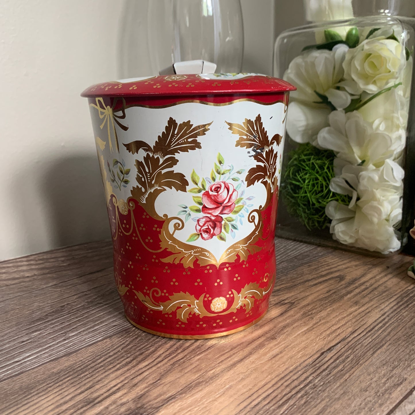 Red and White Tin with Gold Design Vintage Tin with Smooshed Lid