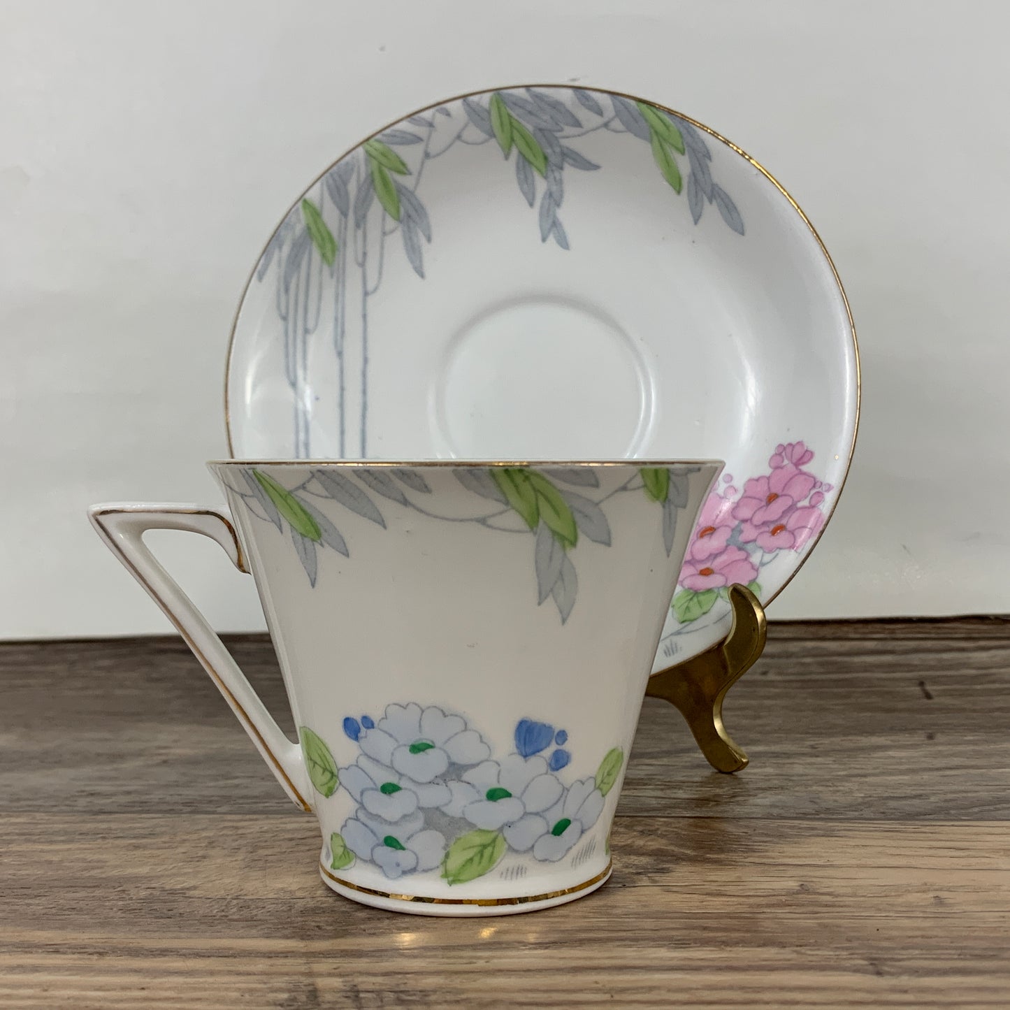 Antique Teacup and Saucer with Triangle Handle Paulette Pattern Standard China