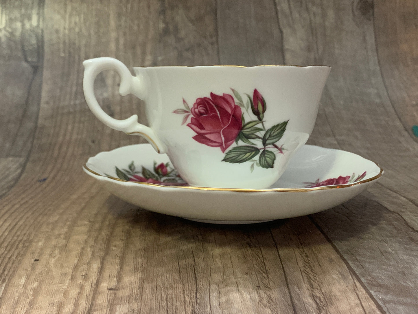 Vintage Tea Cup with Red Roses Staffordshire White Teacup with Red Roses