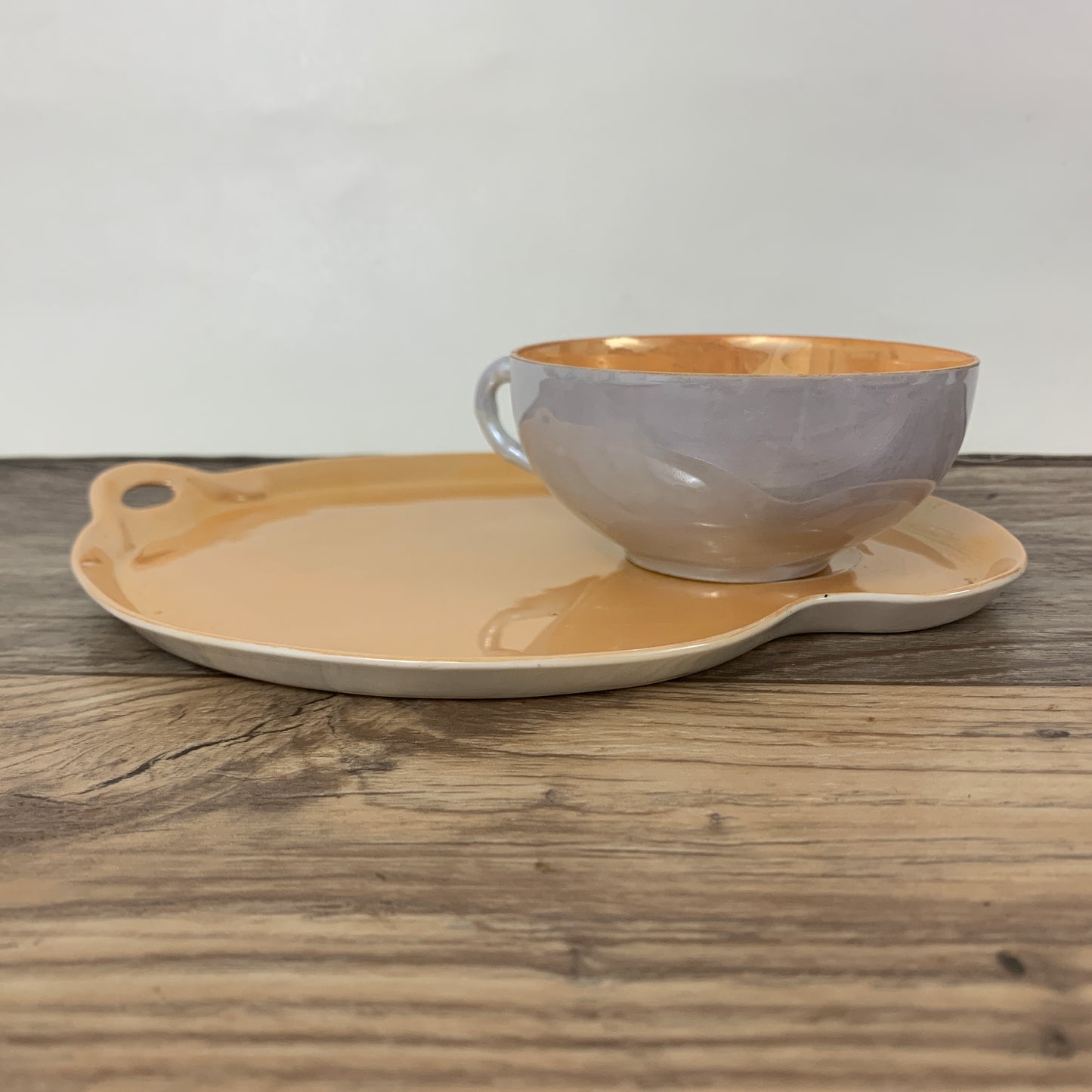 Japan Lusterware Snack Set Peach and White Teacup an Snack Plate