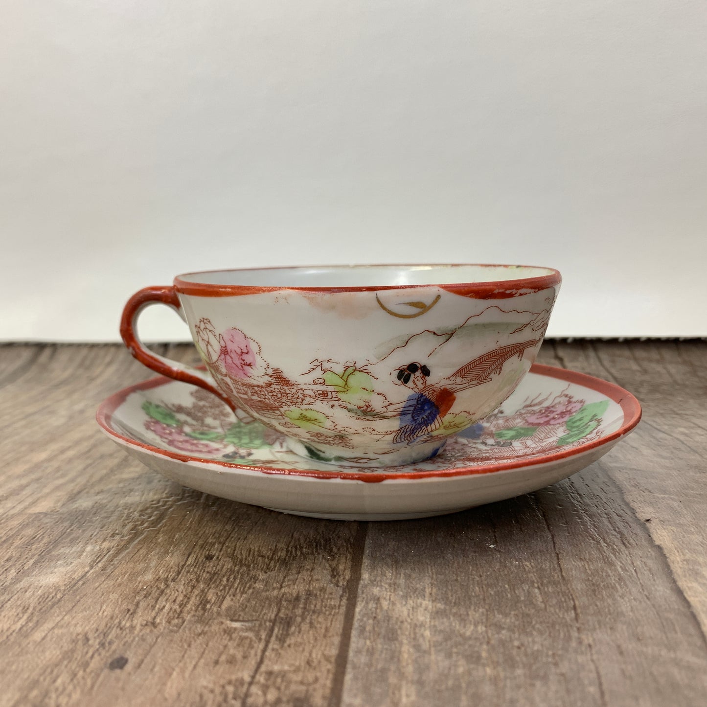 Moriage Teacup and Saucer Japanese Landscape Scene