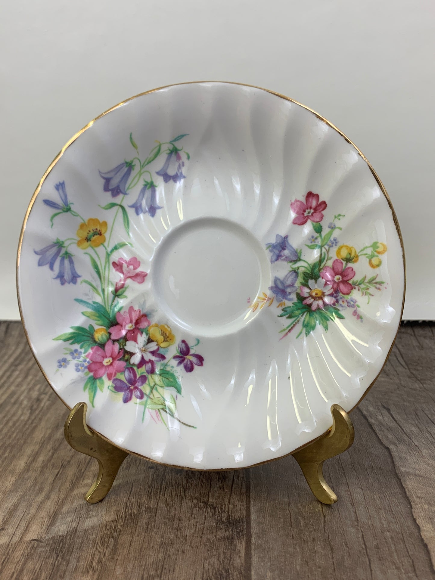 White Vintage Teacup with Floral Pattern Swirled Rib Colourful Flowers