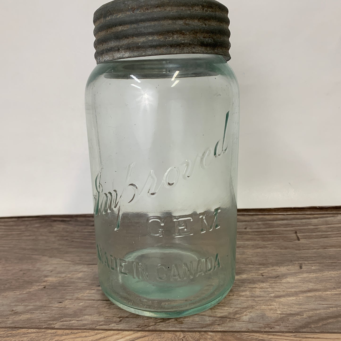 Antique Canning Jar Improved Gem with Green Tint Glass