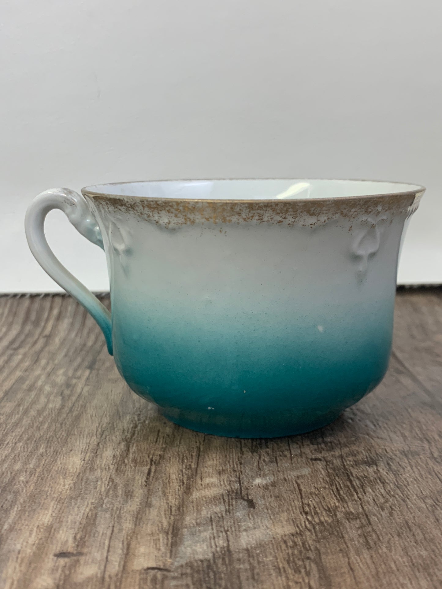 Antique Porcelain Creamer and Cup Teal and White Porcelain with Picture