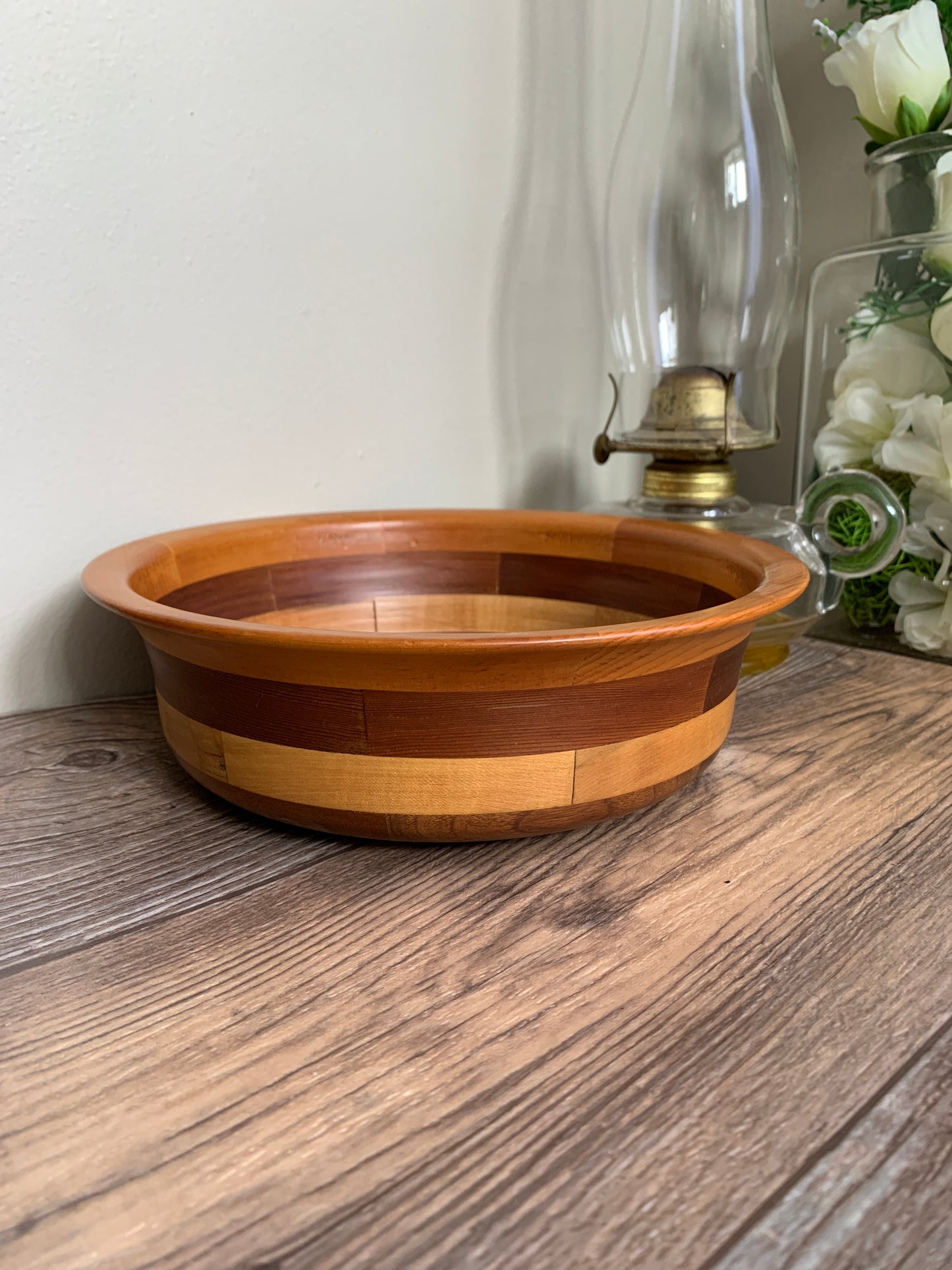 Vintage Wood Turned Bowl Multi Coloured Wood Hand Made Geometric Pattern Vintage Home Decor