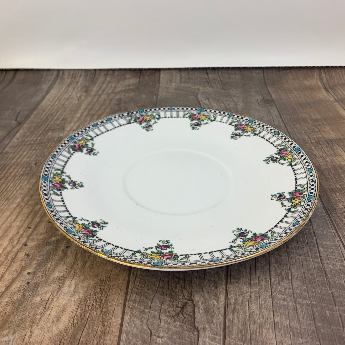 Antique Porcelain Plate with Black Border and Hand Painted Flowers Wildblood, Heath & Sons