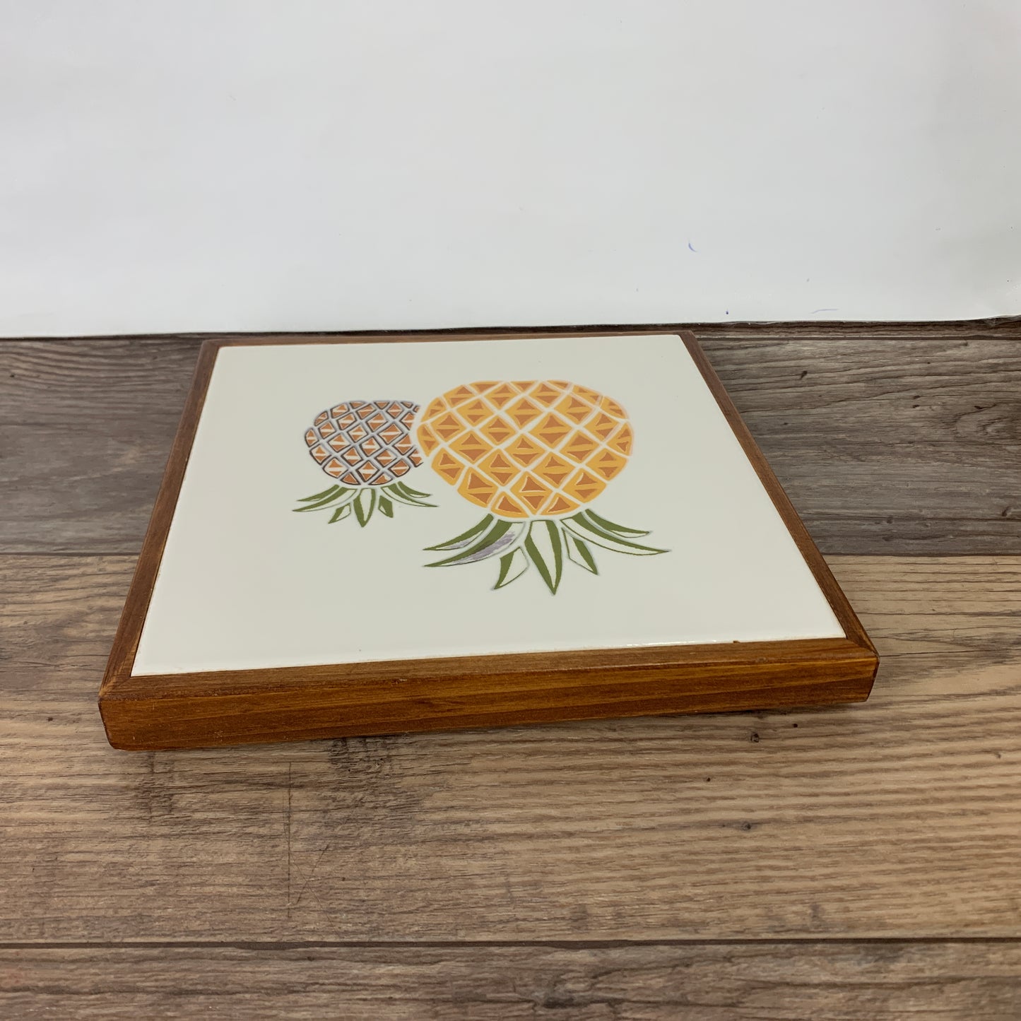 Vintage Ceramic Tile Trivet with Pineapples, Wood Frame Hot Plate