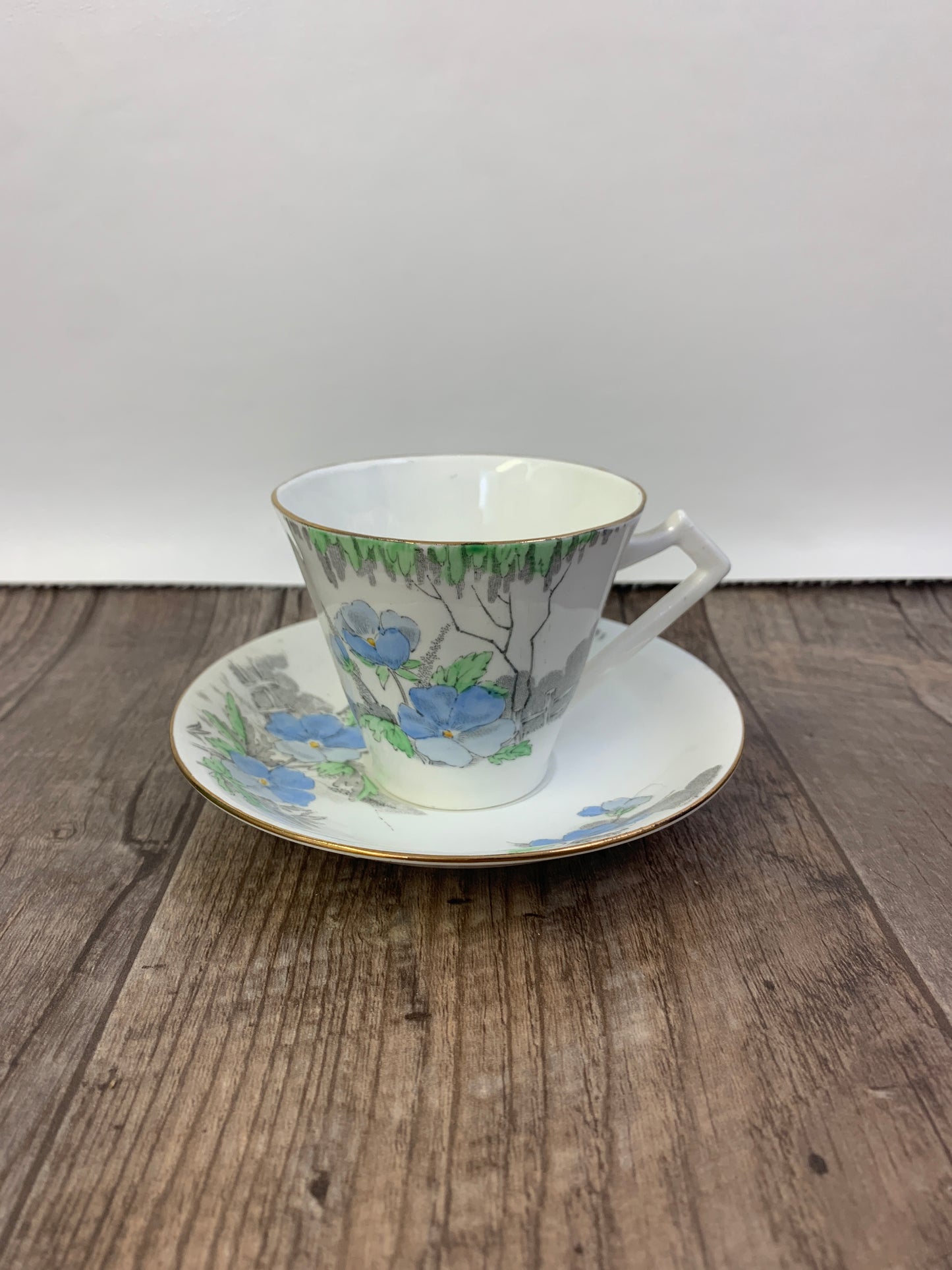Vintage Teacup with Hand Painted Blue Green and Grey Garden Scene Royal York Fine Bone China