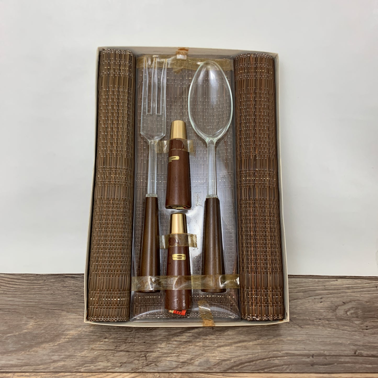 Vintage Table Set, Salt and Pepper, Grass Placemats, Salad Tongs, Boxed Hostess Set
