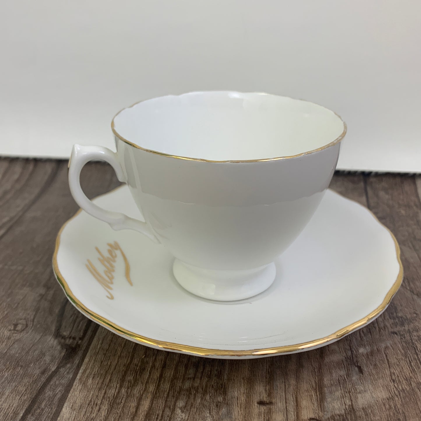 Vintage White Teacup and Saucer Mother Gold Script Vintage Colclough Tea Cup
