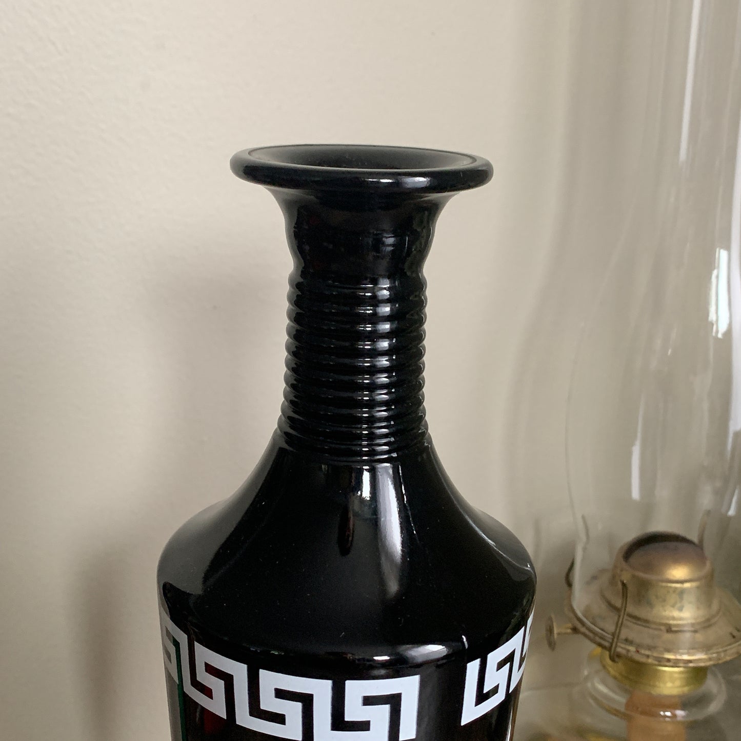 Vintage Black Milk Glass Bottle with Roman Appliqué