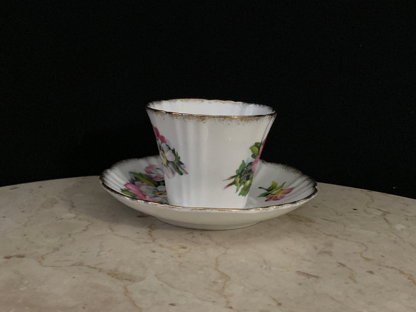 Pink and White Flower Tea Cup and Saucer with Scalloped Edge Royal Standard