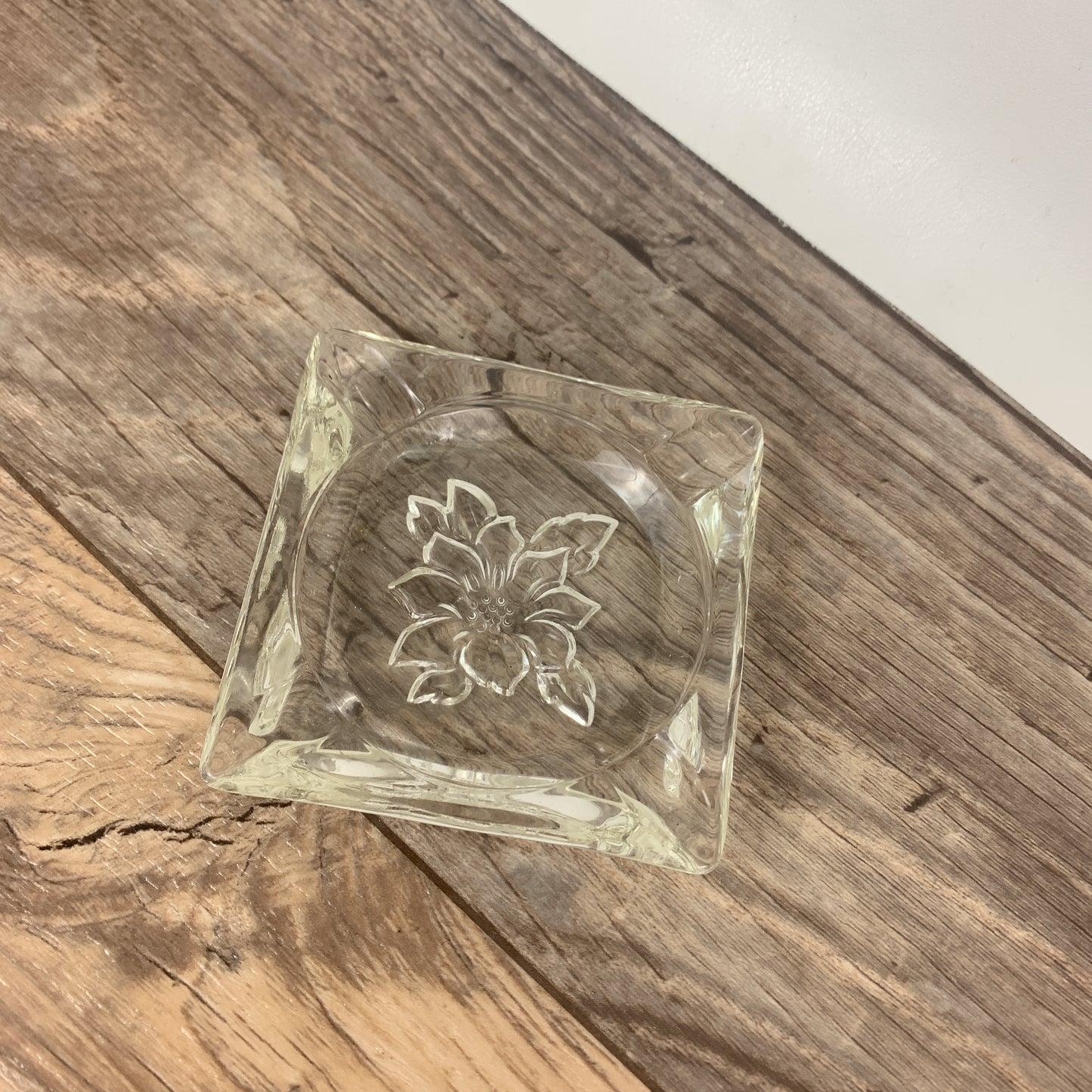 Small Pressed Glass Ashtray with Flower