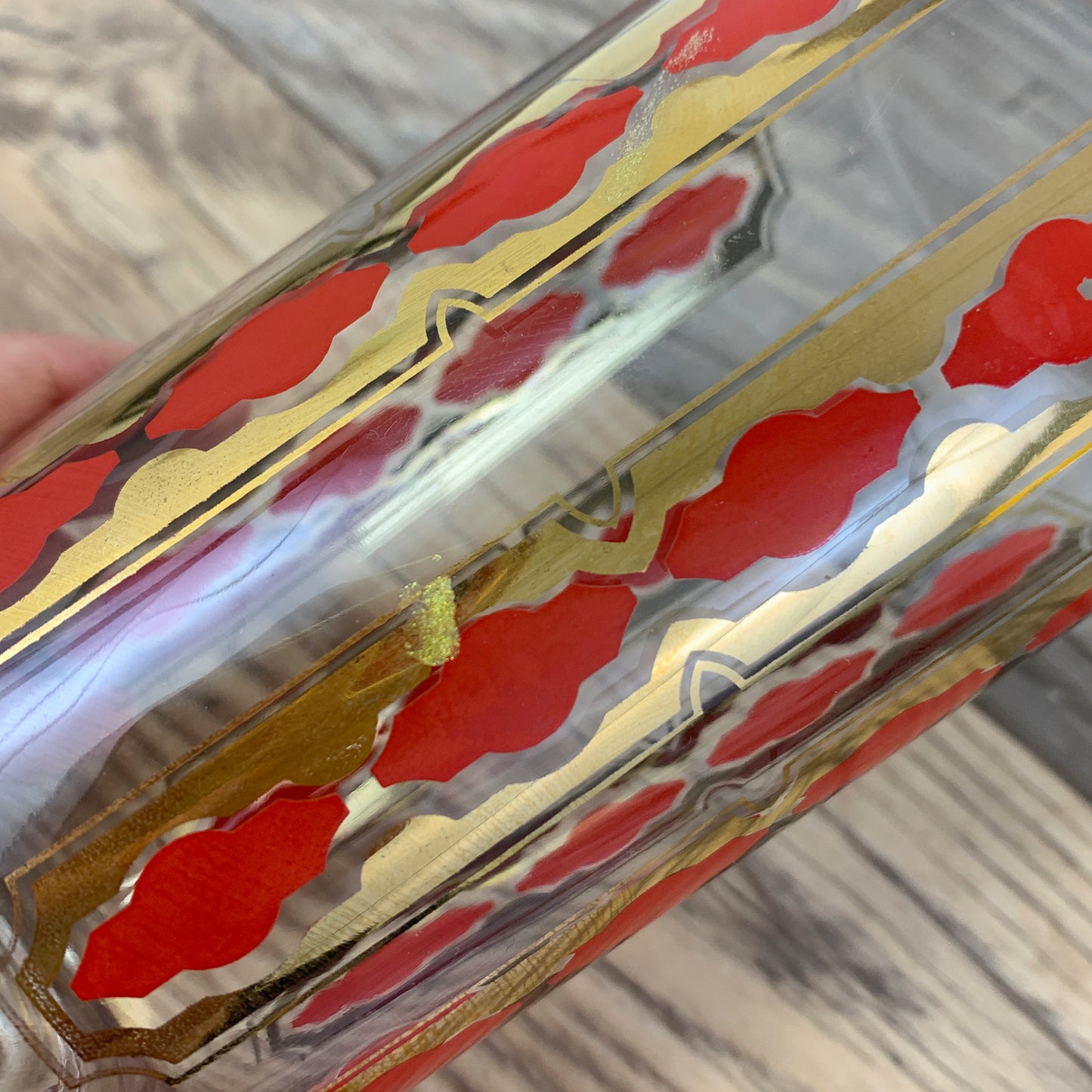 Red and Gold Vintage Collins Glasses, Tall Vintage Cocktail Glasses