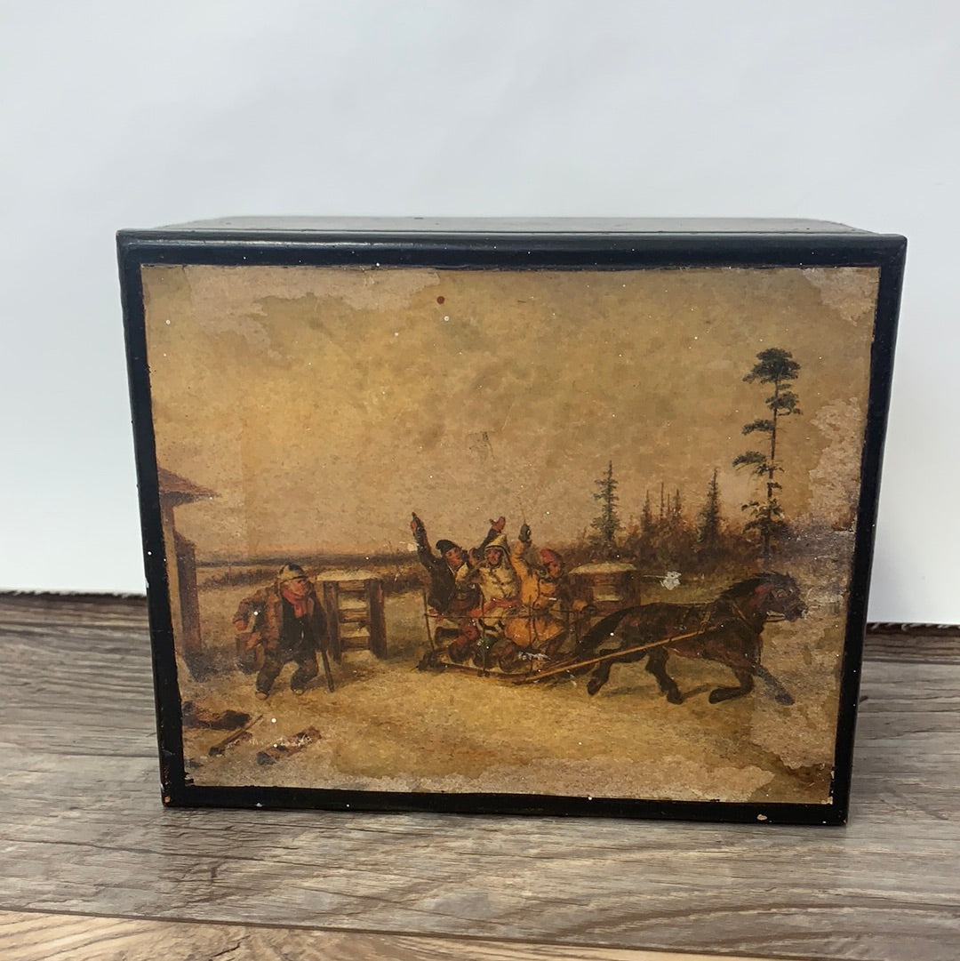 Vintage Wooden Stash Box Decoupage Rustic Storage Horse and Wagon Vintage Farmhouse