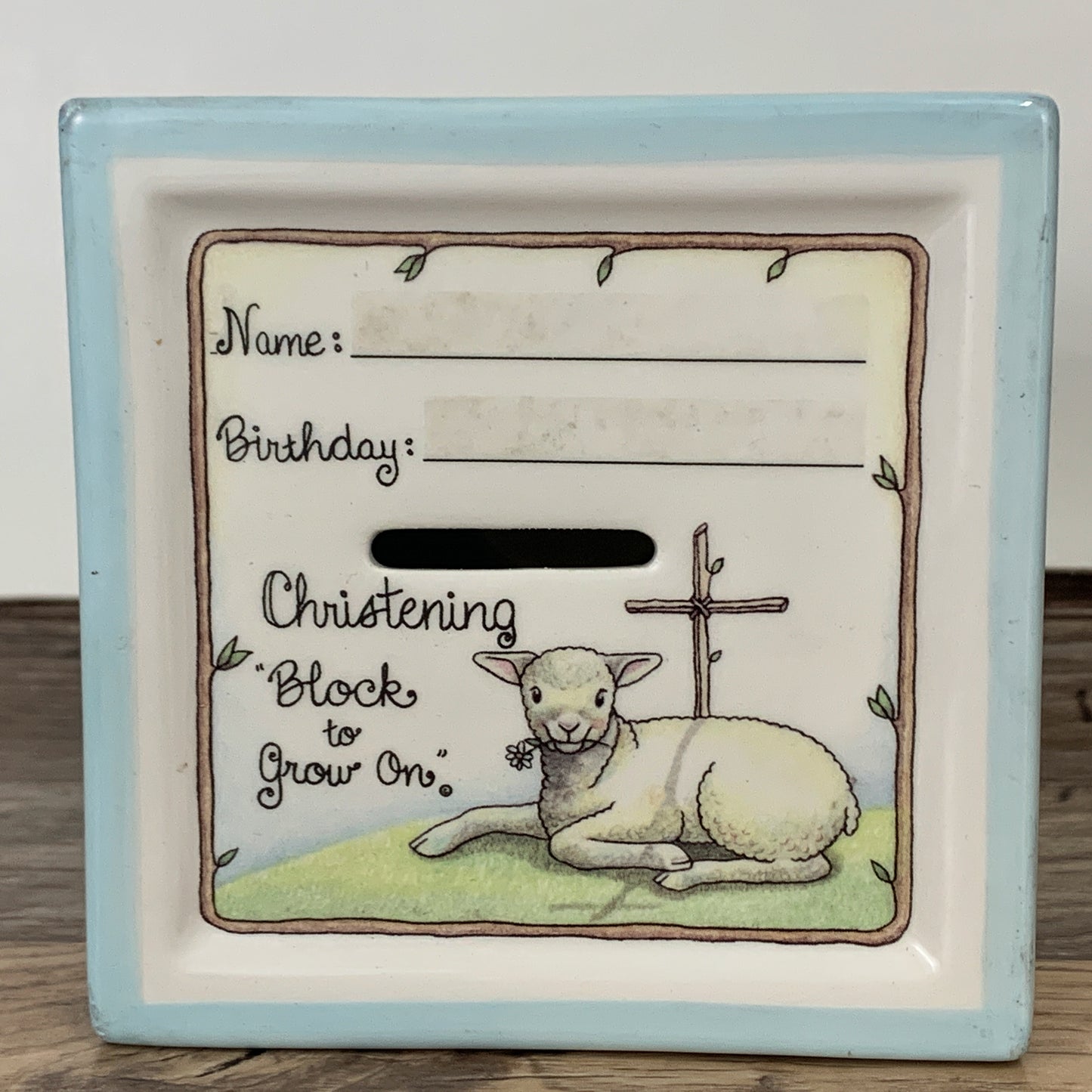 Cube Shaped Coin Bank Christening Gift, A Block to Grow On, Religious Gifts