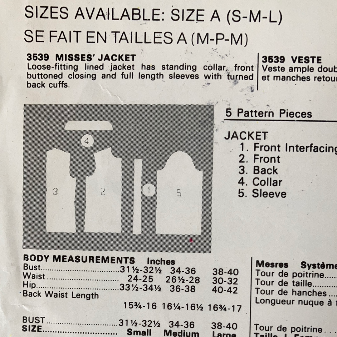Ladies Lined Jacket Sewing Pattern Size M Butterick See and Sew 3539