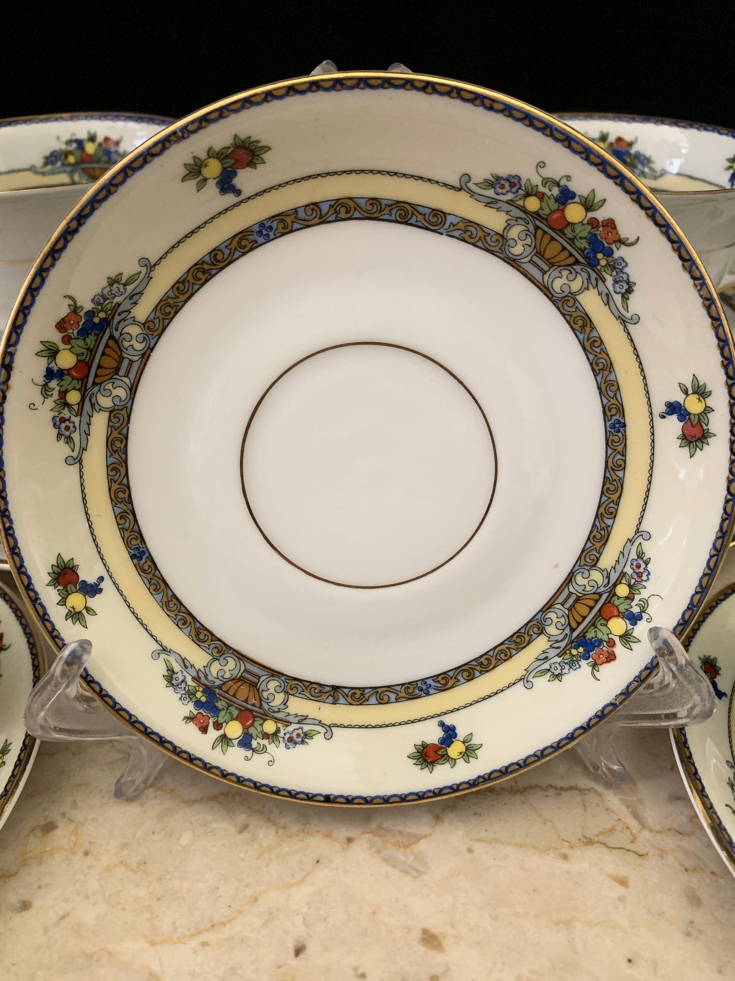 A set of 7 Vintage China Tea Cups Royal Bayruth White with Yellow, Blue, and Gold