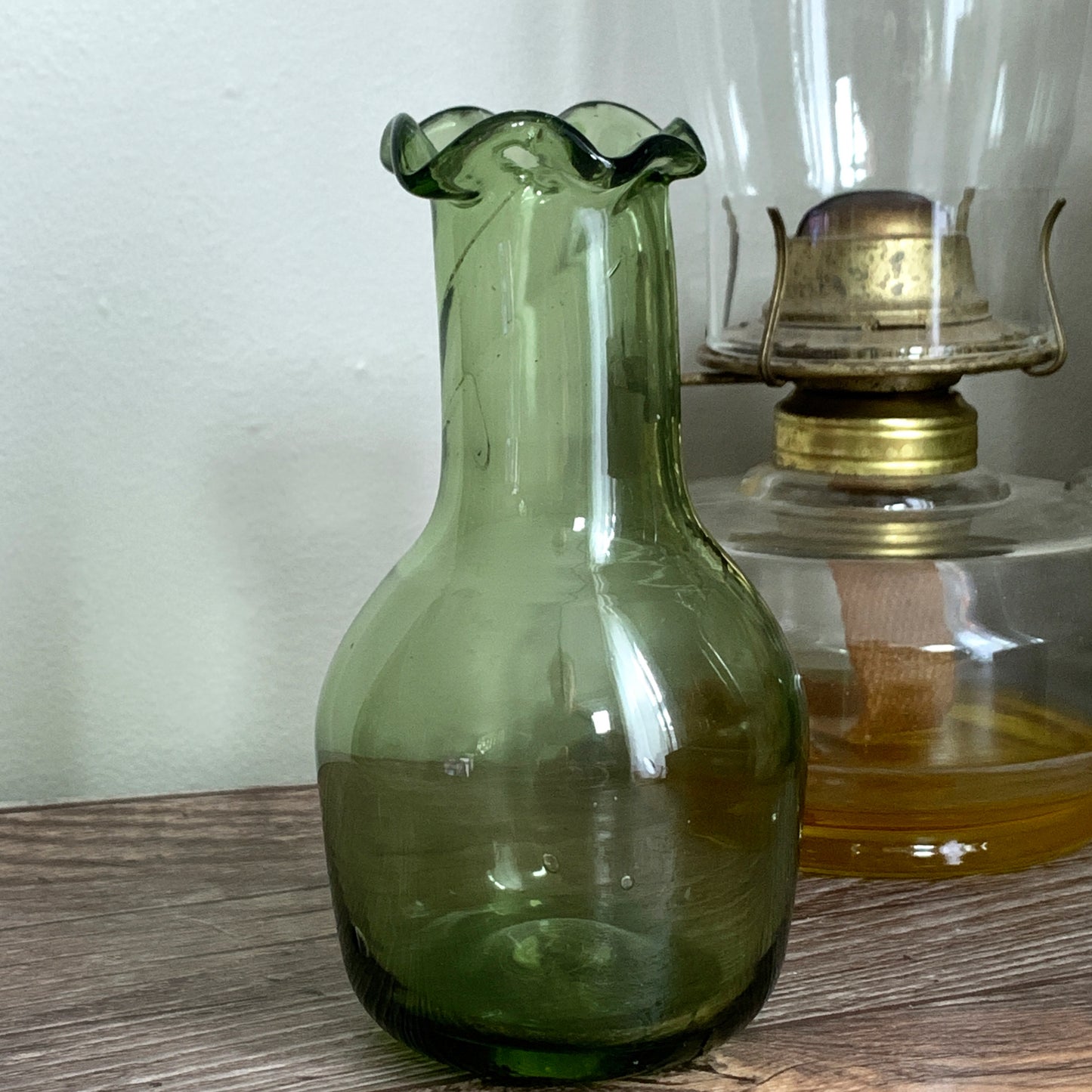 Green Blown Glass Vase, Small Glass Bud Vase with Ruffle
