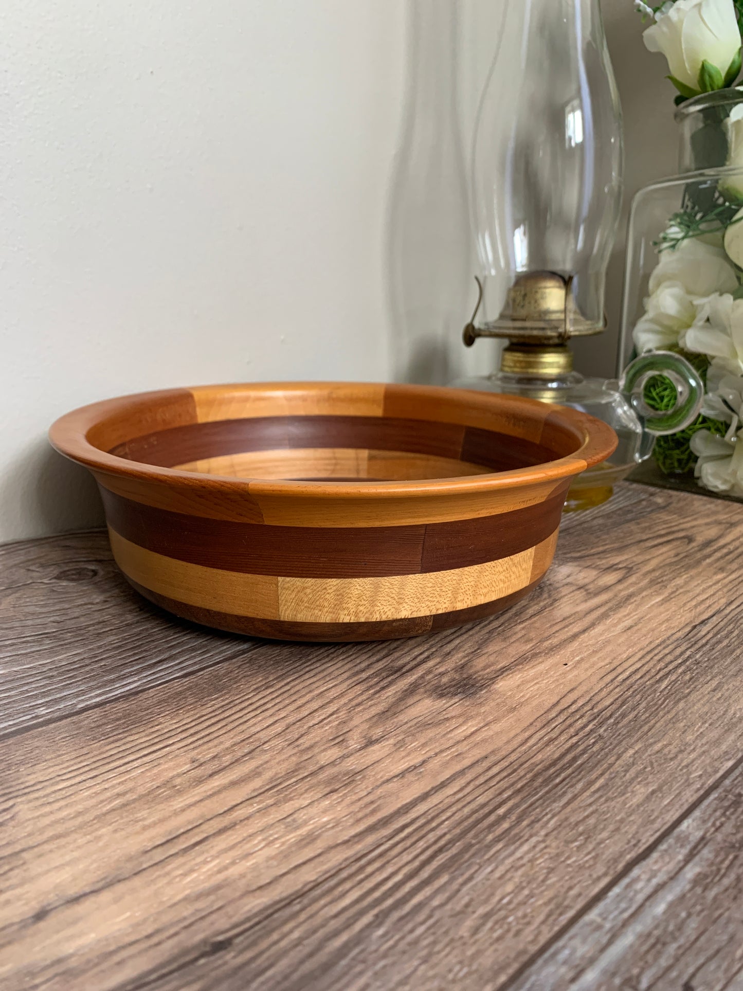 Vintage Wood Turned Bowl Multi Coloured Wood Hand Made Geometric Pattern Vintage Home Decor