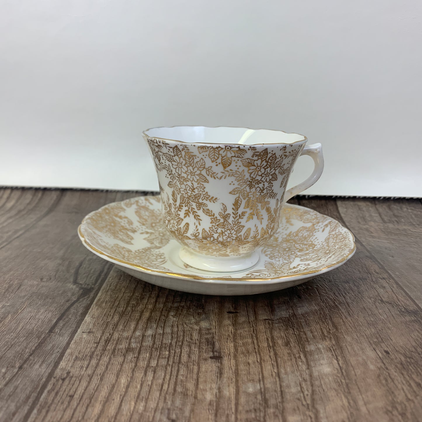 White and Gold Floral Teacup Royal Vale Vintage Tea Cup and Saucer
