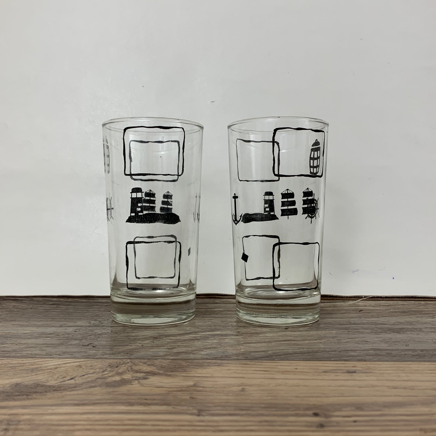 Vintage Juice Glasses with Black Nautical Design, Beach House Glasses
