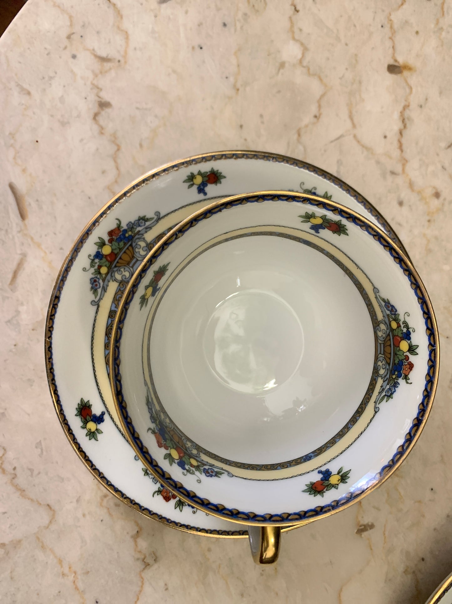 A set of 7 Vintage China Tea Cups Royal Bayruth White with Yellow, Blue, and Gold