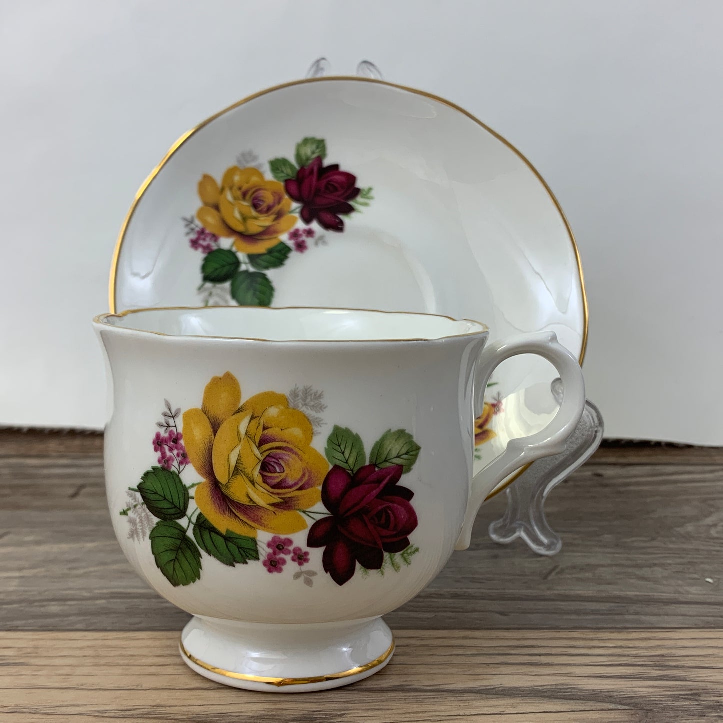 Yellow and Red Floral Pattern Vintage Teacup Sadler Wellington Fine Bone China Teacup with Tea Roses
