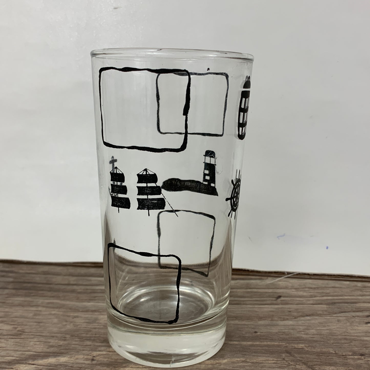 Vintage Juice Glasses with Black Nautical Design, Beach House Glasses