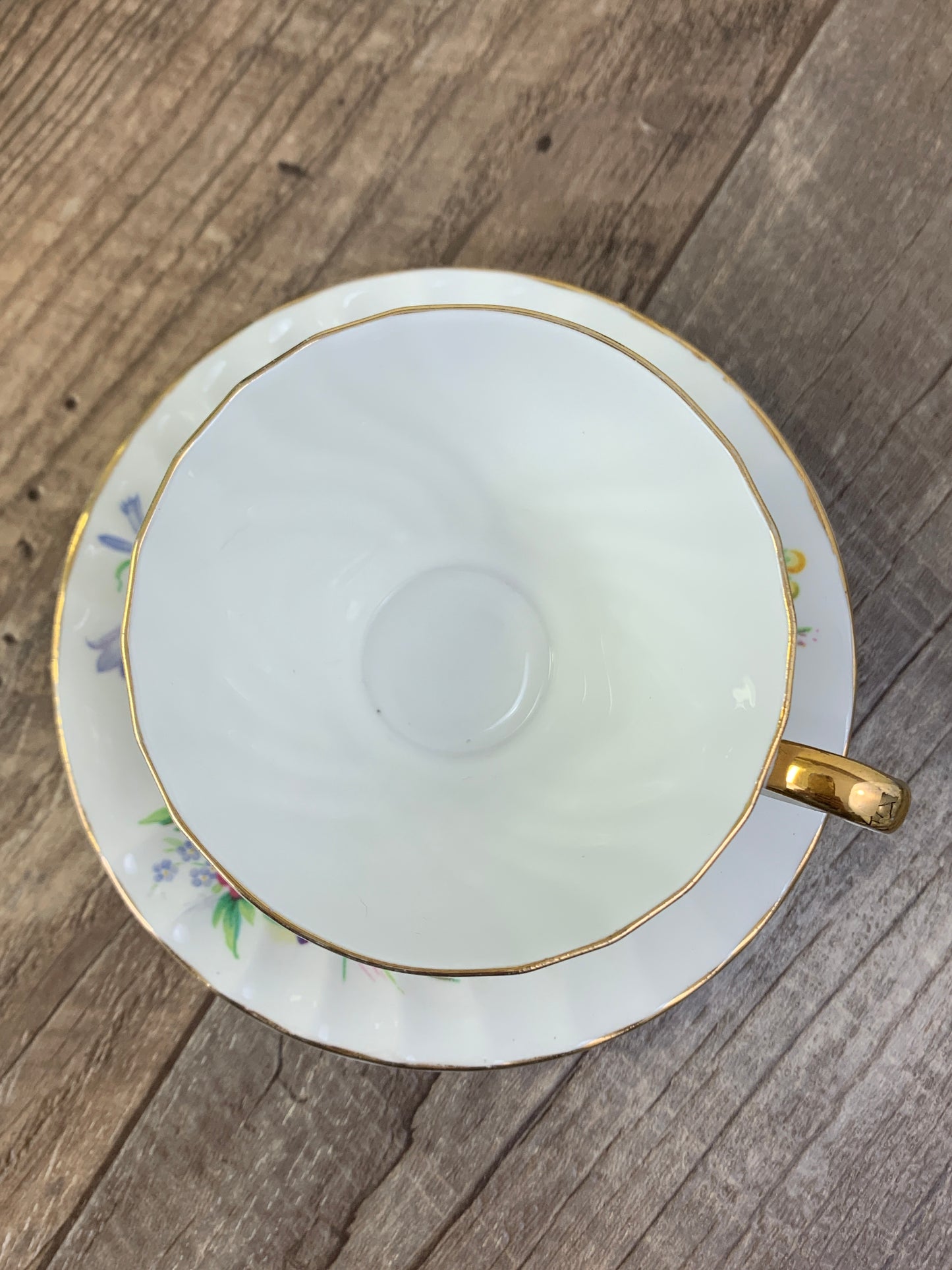 White Vintage Teacup with Floral Pattern Swirled Rib Colourful Flowers